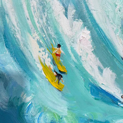 Ready to Ship | Catching the Wave: Vertical Surfer Ocean Painting | Abstract closeup, raised brushwork detail