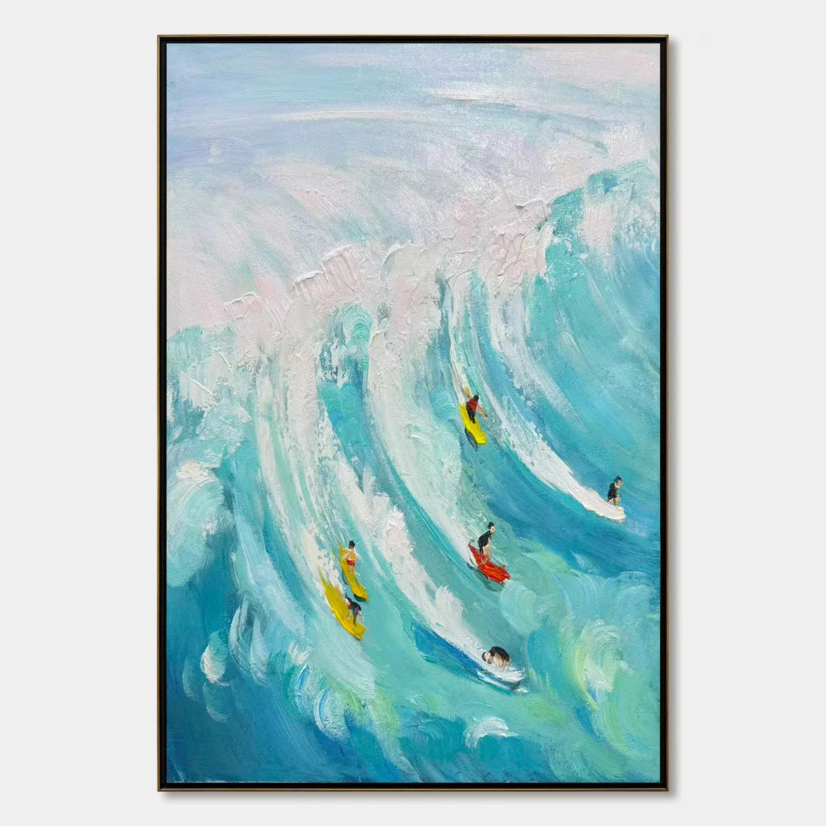 Ready to Ship | Catching the Wave: Vertical Surfer Ocean Painting | rectangular format, hand-painted canvas edge