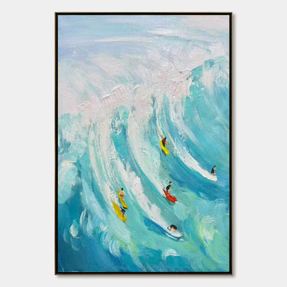 Ready to Ship | Catching the Wave: Vertical Surfer Ocean Painting | rectangular format, hand-painted canvas edge
