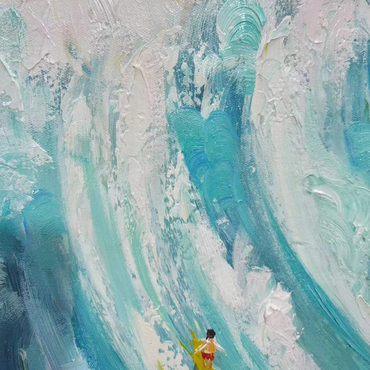 Ready to Ship | Catching the Wave: Vertical Surfer Ocean Painting | gold frame stretched on neutral wall