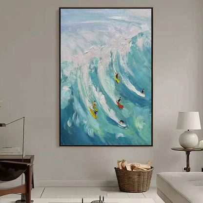 Ready to Ship | Catching the Wave: Vertical Surfer Ocean Painting | hanging in living room, Abstract wall art