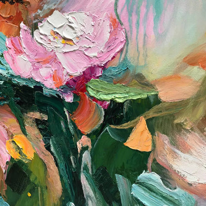 Ready to Ship | BLOOMING ROMANCE: Impressionistic Floral Oil Painting | gold frame stretched on neutral wall