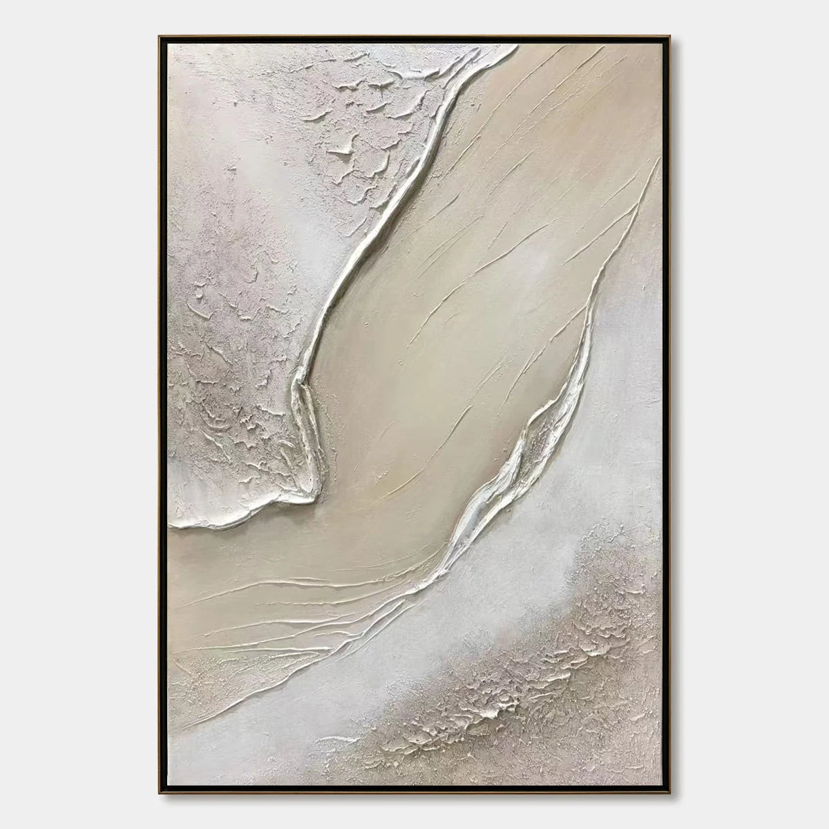 Ready to Ship | Serene Pathways: Minimalist Beige Impasto Oil Wall Art | rectangular format, hand-painted canvas edge