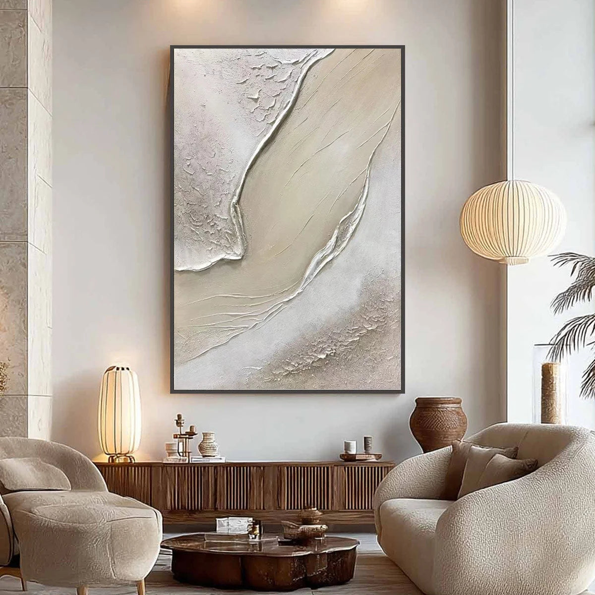 Ready to Ship | Serene Pathways: Minimalist Beige Impasto Oil Wall Art | hanging in living room, Minimalist wall art