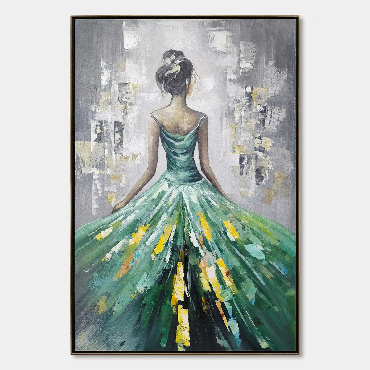 Ready to Ship | Emerald Grace: Elegant Green Dress Art | rectangular format, hand-painted canvas edge