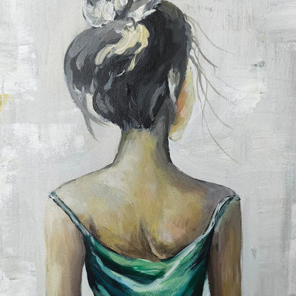 Ready to Ship | Emerald Grace: Elegant Green Dress Art | gold frame stretched on neutral wall