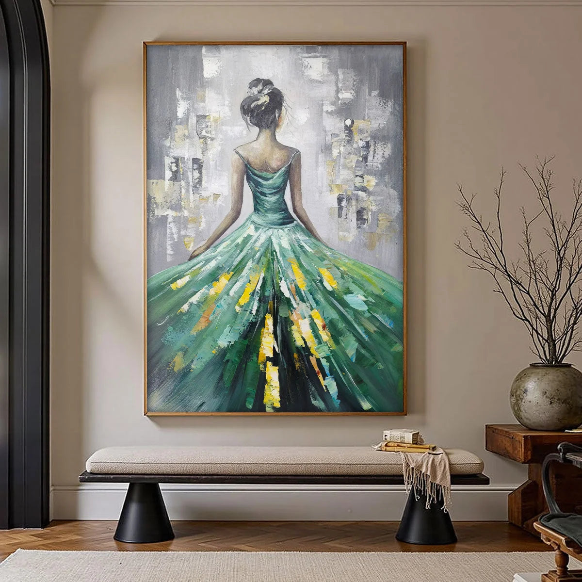 Ready to Ship | Emerald Grace: Elegant Green Dress Art | hanging in living room, Abstract wall art