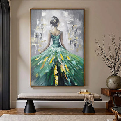 Ready to Ship | Emerald Grace: Elegant Green Dress Art | hanging in living room, Abstract wall art
