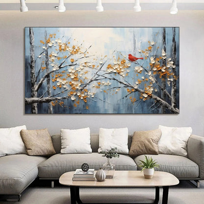 RED BIRD ON BRANCHES: Horizontal Impasto Painting, Bird on Blossoming Branches, Textured Wall Art, Blue | Figurative closeup, raised brushwork detail