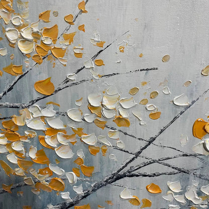 RED BIRD ON BRANCHES: Horizontal Impasto Painting, Bird on Blossoming Branches, Textured Wall Art, Blue | rectangular format, hand-painted canvas edge