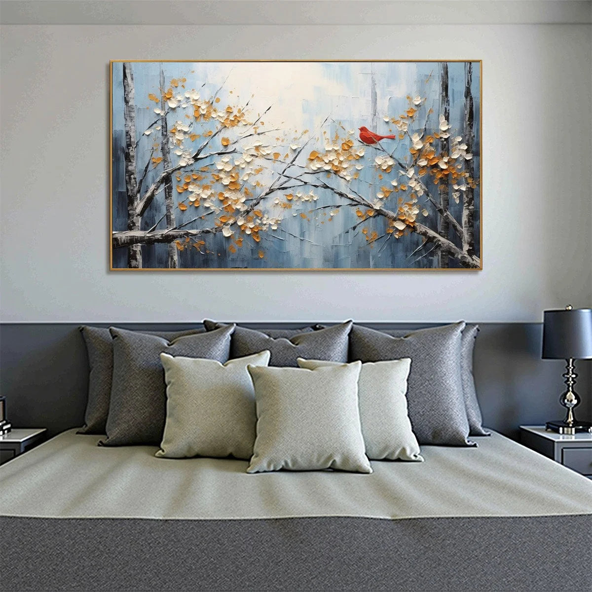 RED BIRD ON BRANCHES: Horizontal Impasto Painting, Bird on Blossoming Branches, Textured Wall Art, Blue | gold frame stretched on neutral wall