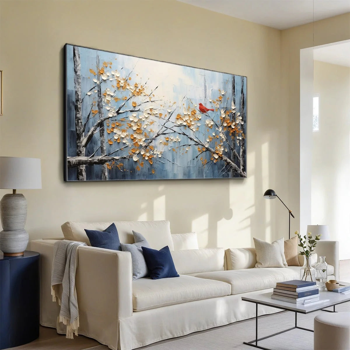 RED BIRD ON BRANCHES: Horizontal Impasto Painting, Bird on Blossoming Branches, Textured Wall Art, Blue | rolled canvas, ready for custom framing