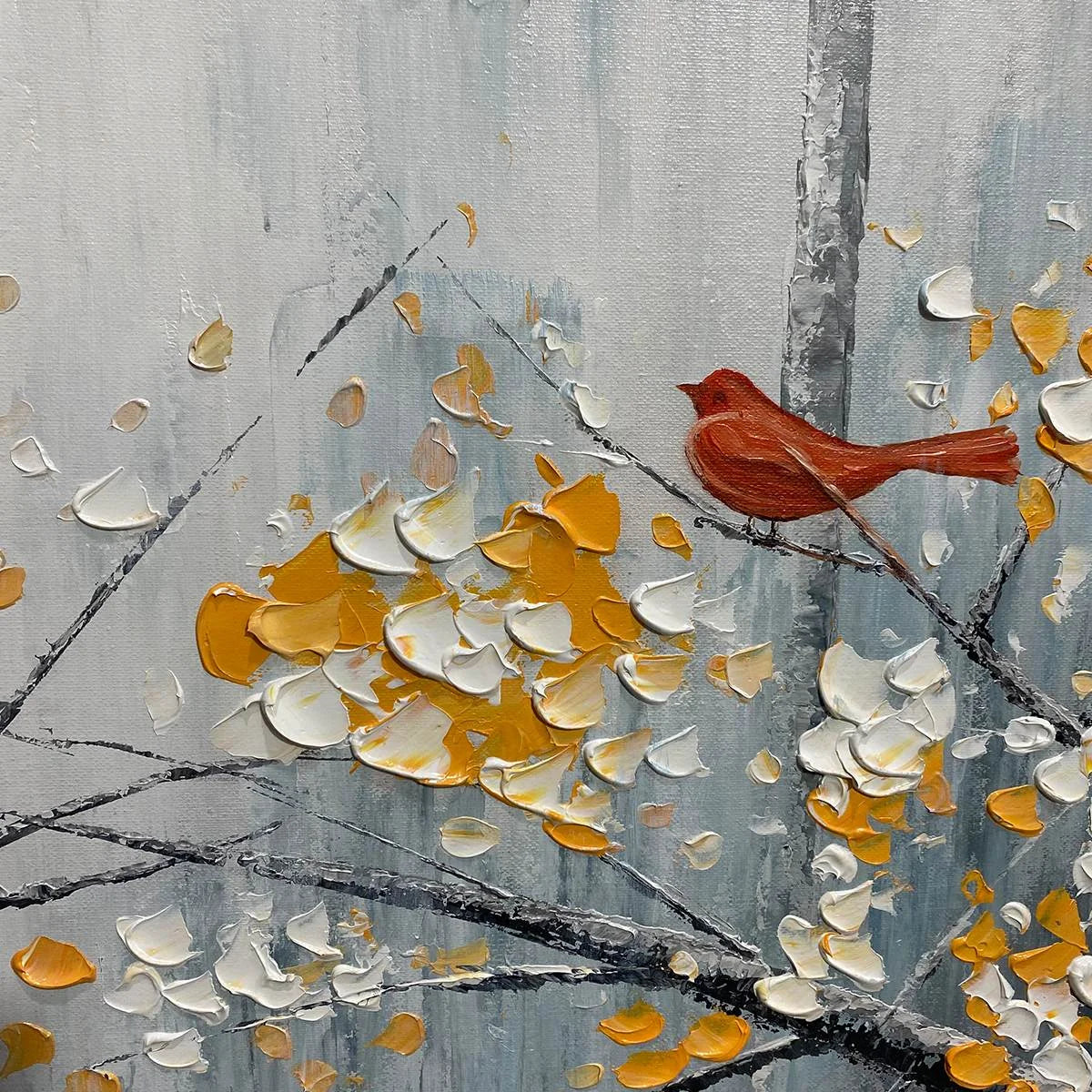 RED BIRD ON BRANCHES: Horizontal Impasto Painting, Bird on Blossoming Branches, Textured Wall Art, Blue | black frame version on white wall
