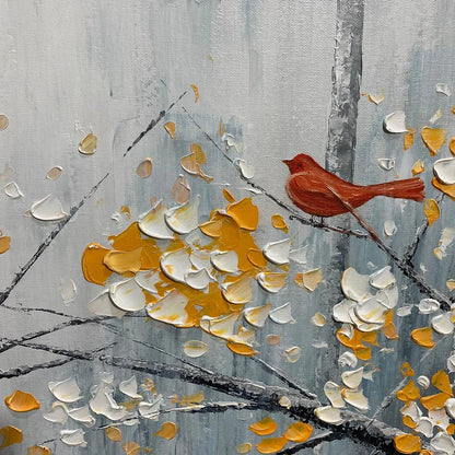 RED BIRD ON BRANCHES: Horizontal Impasto Painting, Bird on Blossoming Branches, Textured Wall Art, Blue | black frame version on white wall
