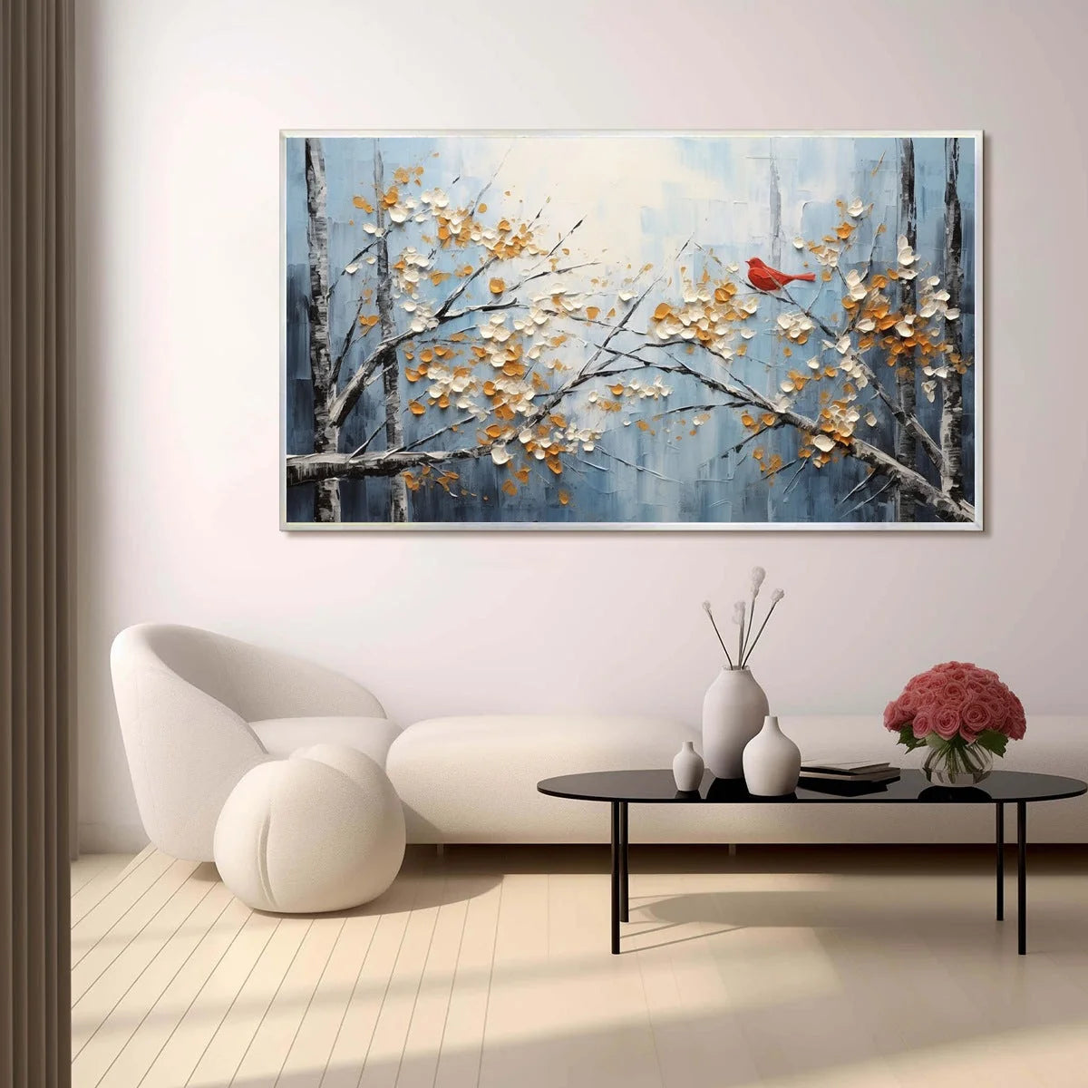RED BIRD ON BRANCHES: Horizontal Impasto Painting, Bird on Blossoming Branches, Textured Wall Art, Blue | Figurative mood, soft natural light studio shot