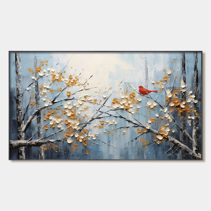 RED BIRD ON BRANCHES: Horizontal Impasto Painting, Bird on Blossoming Branches, Textured Wall Art, Blue | hanging in living room, Figurative wall art