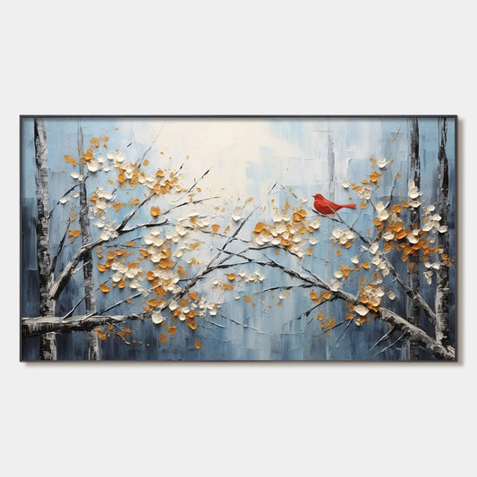 RED BIRD ON BRANCHES: Horizontal Impasto Painting, Bird on Blossoming Branches, Textured Wall Art, Blue | hanging in living room, Figurative wall art