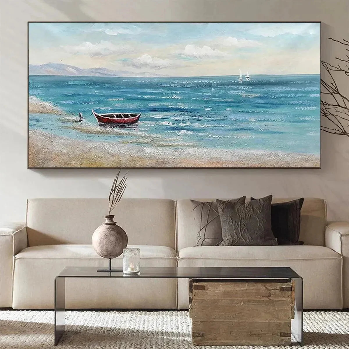 RED BOAT AT THE SHORE: Tranquil Coastal Landscape Painting | Landscape closeup, raised brushwork detail