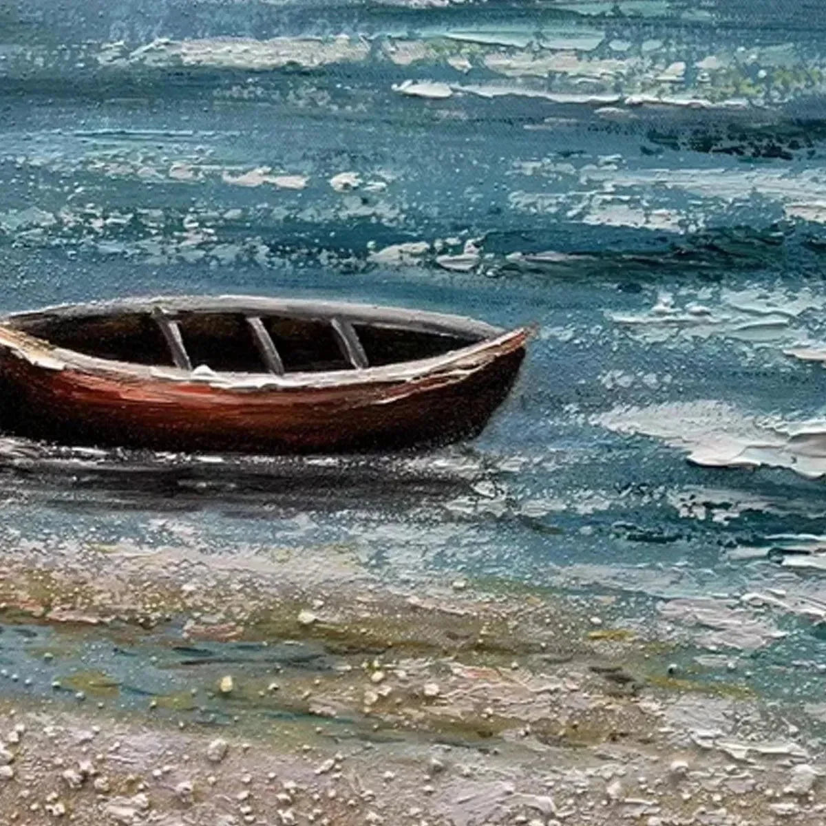 RED BOAT AT THE SHORE: Tranquil Coastal Landscape Painting | rectangular format, hand-painted canvas edge