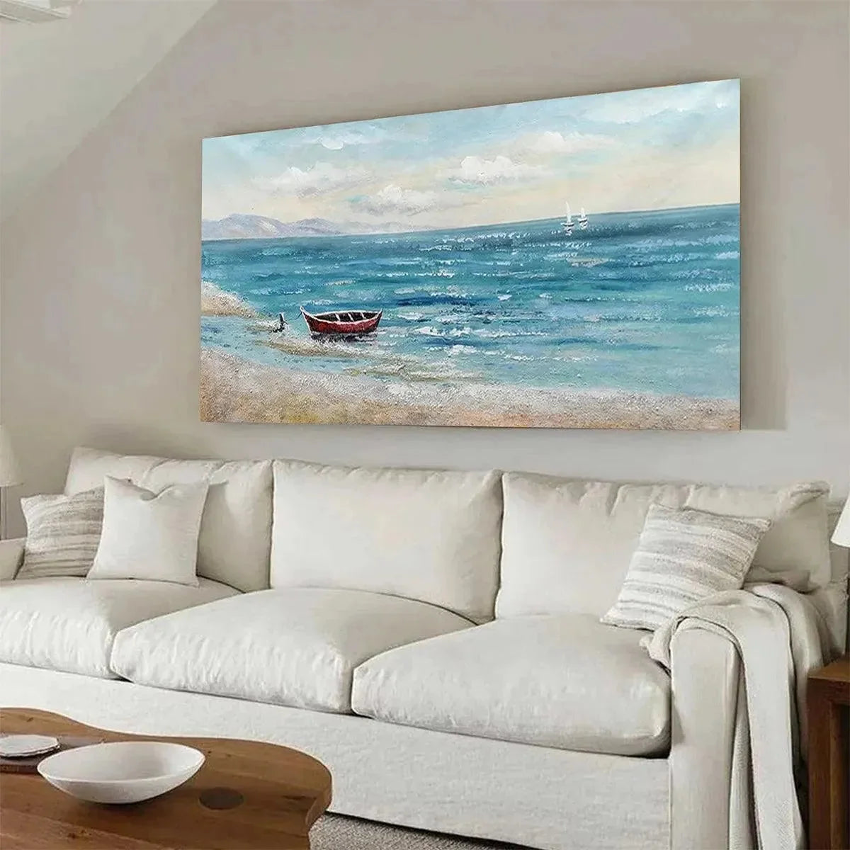 RED BOAT AT THE SHORE: Tranquil Coastal Landscape Painting | gold frame stretched on neutral wall