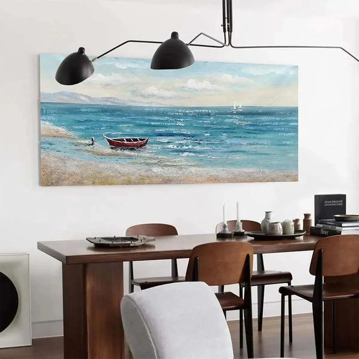 RED BOAT AT THE SHORE: Tranquil Coastal Landscape Painting | black frame version on white wall