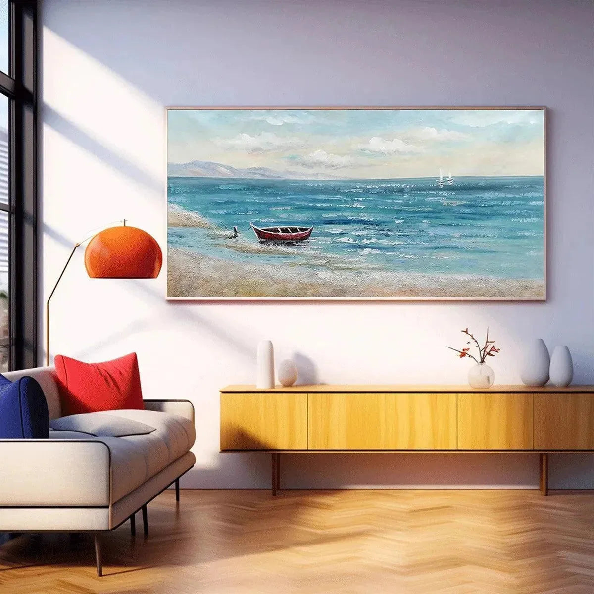 RED BOAT AT THE SHORE: Tranquil Coastal Landscape Painting | Landscape mood, soft natural light studio shot