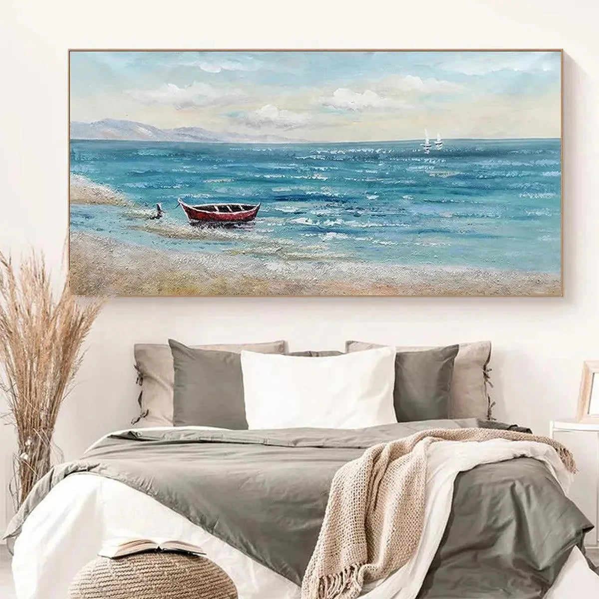 RED BOAT AT THE SHORE: Tranquil Coastal Landscape Painting | multi-color palette, original oil on stretched canvas art