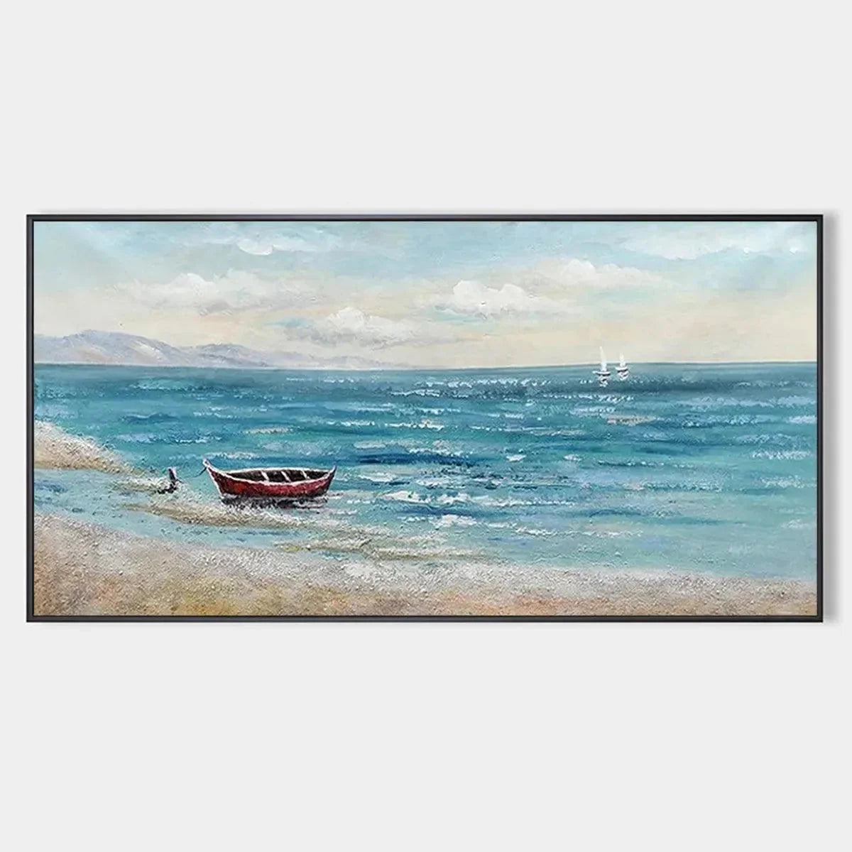 RED BOAT AT THE SHORE: Tranquil Coastal Landscape Painting | hanging in living room, Landscape wall art