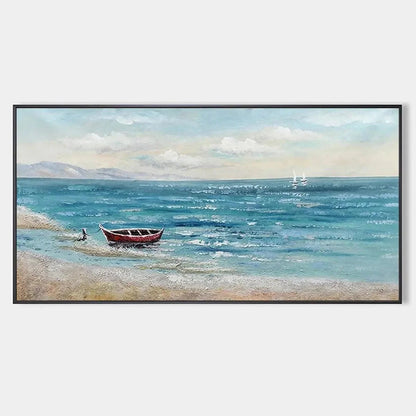 RED BOAT AT THE SHORE: Tranquil Coastal Landscape Painting | hanging in living room, Landscape wall art