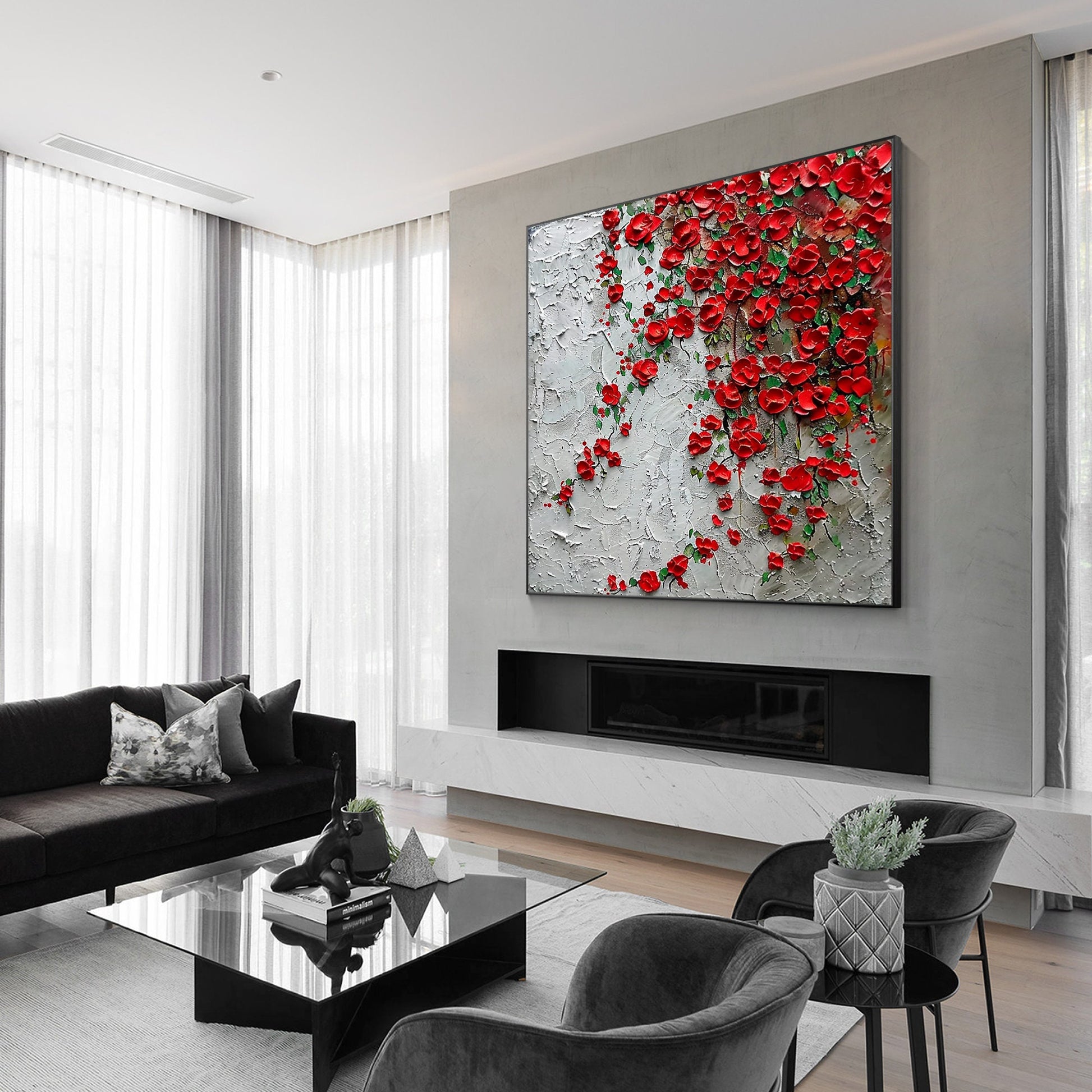 Red Wildflowers Painting 3D Textured Blooming Flower Wall Art Impressionist Pain #2