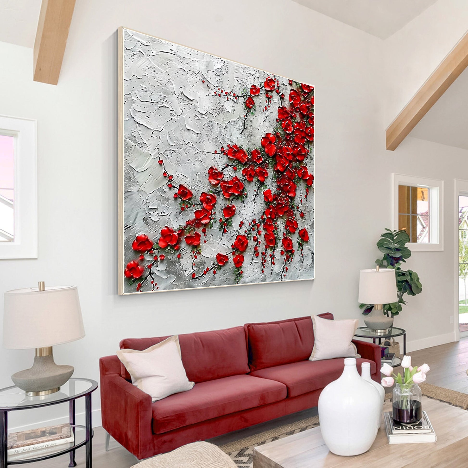 Red Wildflowers Painting Thick Texture Blooming Flower Wall Art Impressionist Pa #3