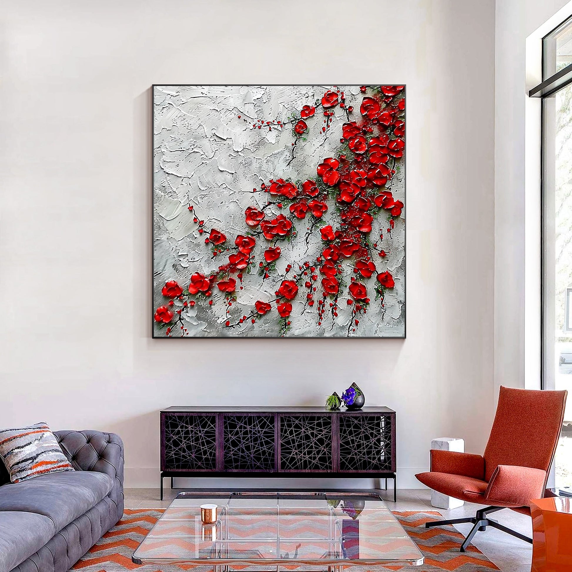 Red Wildflowers Painting Thick Texture Blooming Flower Wall Art Impressionist Pa #4