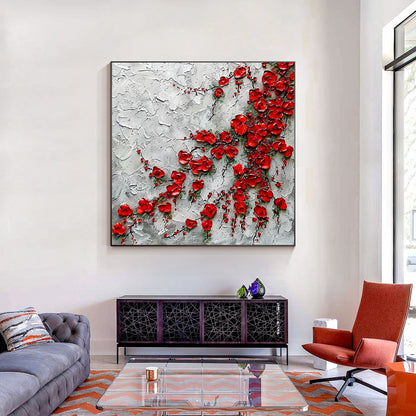Red Wildflowers Painting Thick Texture Blooming Flower Wall Art Impressionist Pa #4