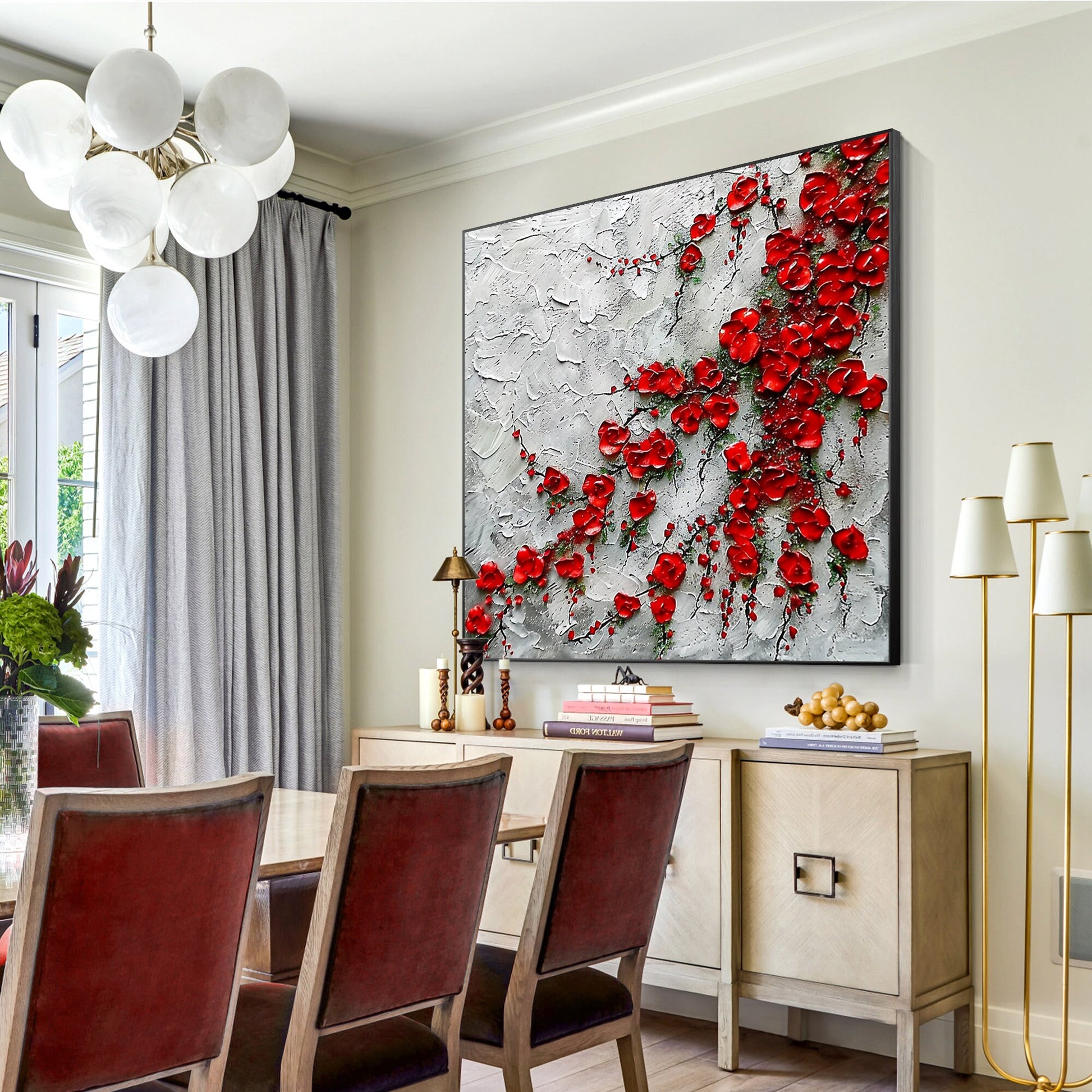 Red Wildflowers Painting Thick Texture Blooming Flower Wall Art Impressionist Pa #5