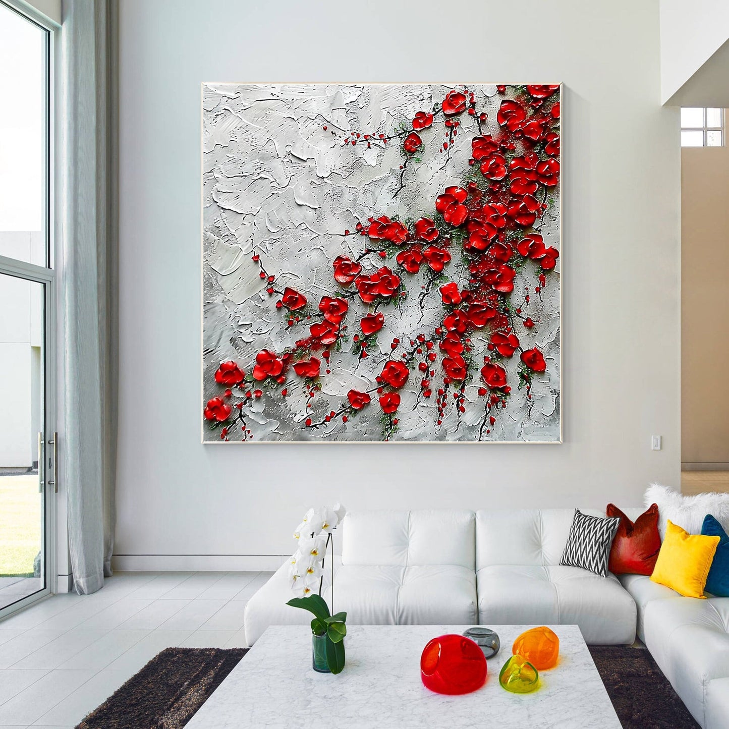 Red Wildflowers Painting Thick Texture Blooming Flower Wall Art Impressionist Pa #1