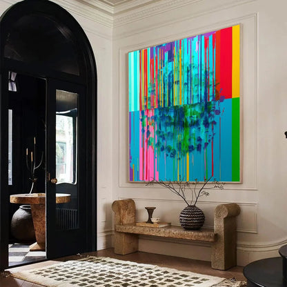 REFLECTED GLITCH: Vibrant Abstract Glitch Art Oil Painting | rectangular format, hand-painted canvas edge