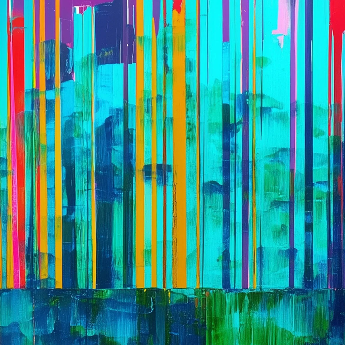REFLECTED GLITCH: Vibrant Abstract Glitch Art Oil Painting | gold frame stretched on neutral wall
