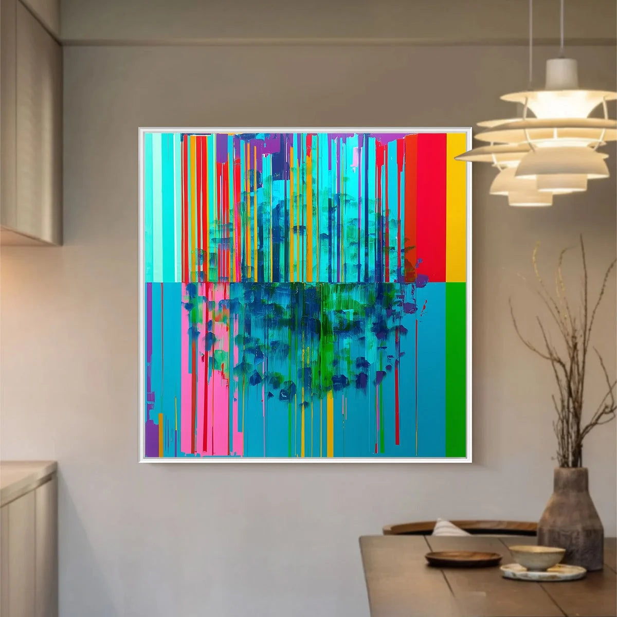 REFLECTED GLITCH: Vibrant Abstract Glitch Art Oil Painting | black frame version on white wall
