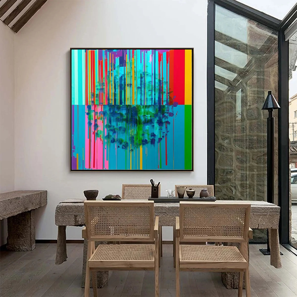 REFLECTED GLITCH: Vibrant Abstract Glitch Art Oil Painting | texture detail, palette knife marks visible