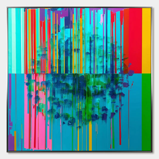 REFLECTED GLITCH: Vibrant Abstract Glitch Art Oil Painting | hanging in living room, Abstract wall art