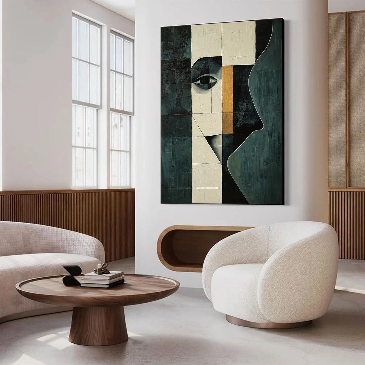 REFLECTION: Minimalist Abstract Portrait Oil Painting | gold frame stretched on neutral wall