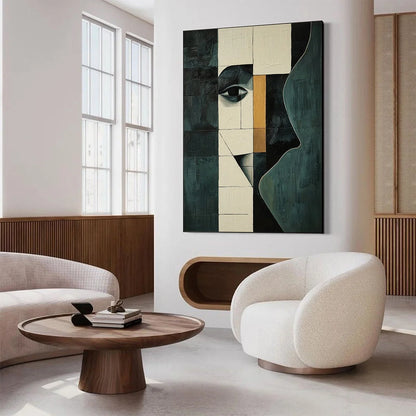 REFLECTION: Minimalist Abstract Portrait Oil Painting | gold frame stretched on neutral wall
