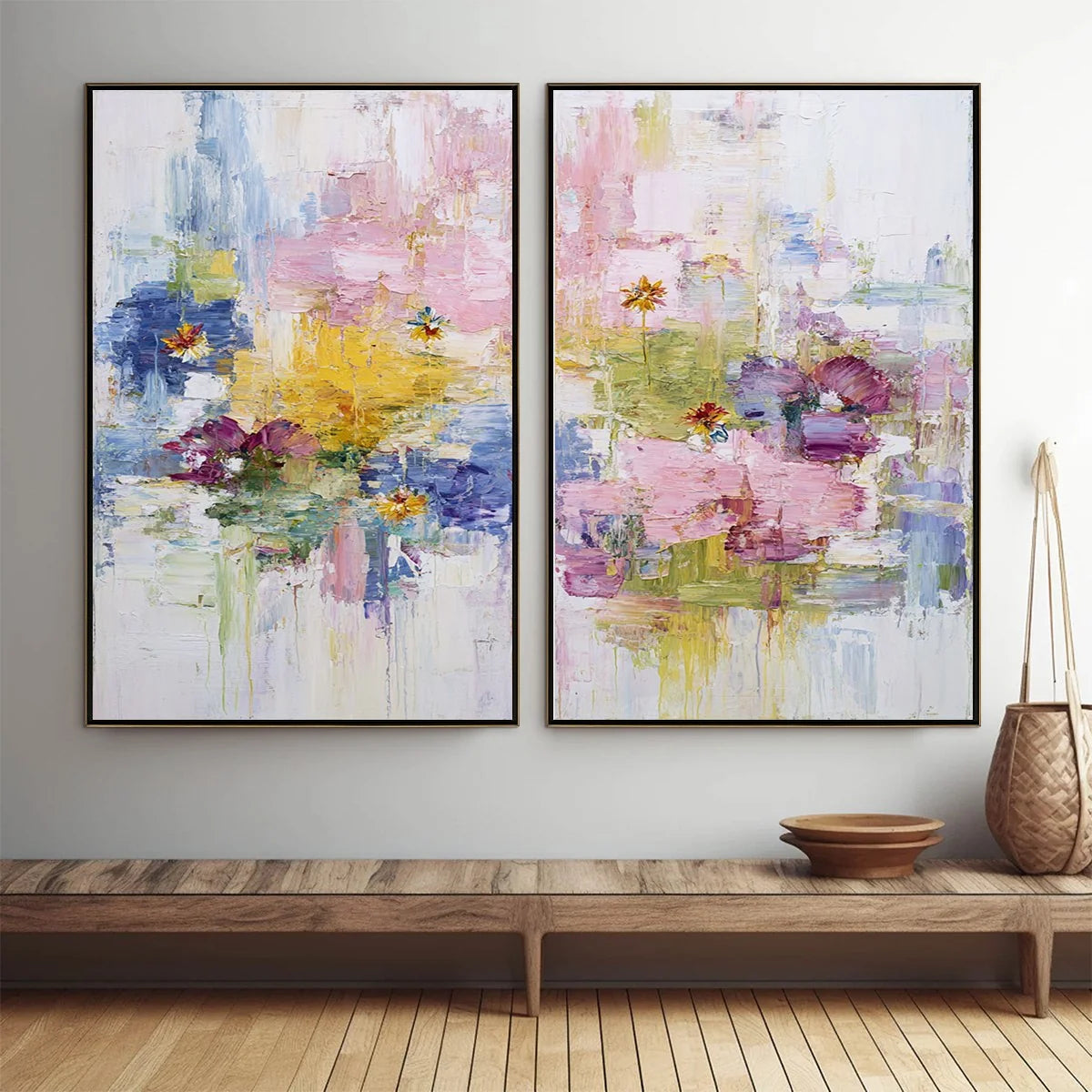 REFLECTIONS IN BLOOM: Colorful Abstract Floral Palette Knife Painting Set | Abstract closeup, raised brushwork detail