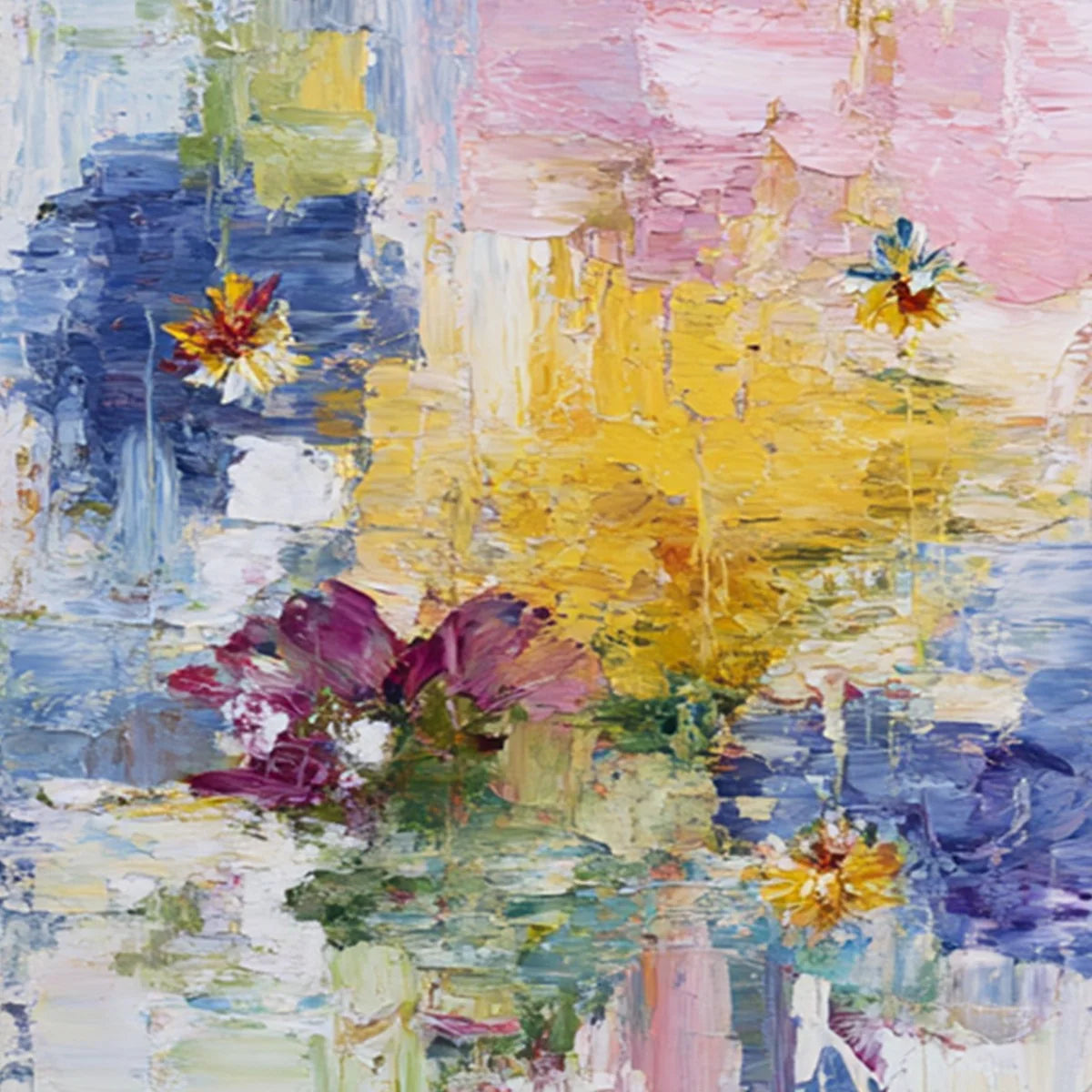 REFLECTIONS IN BLOOM: Colorful Abstract Floral Palette Knife Painting Set | rectangular format, hand-painted canvas edge