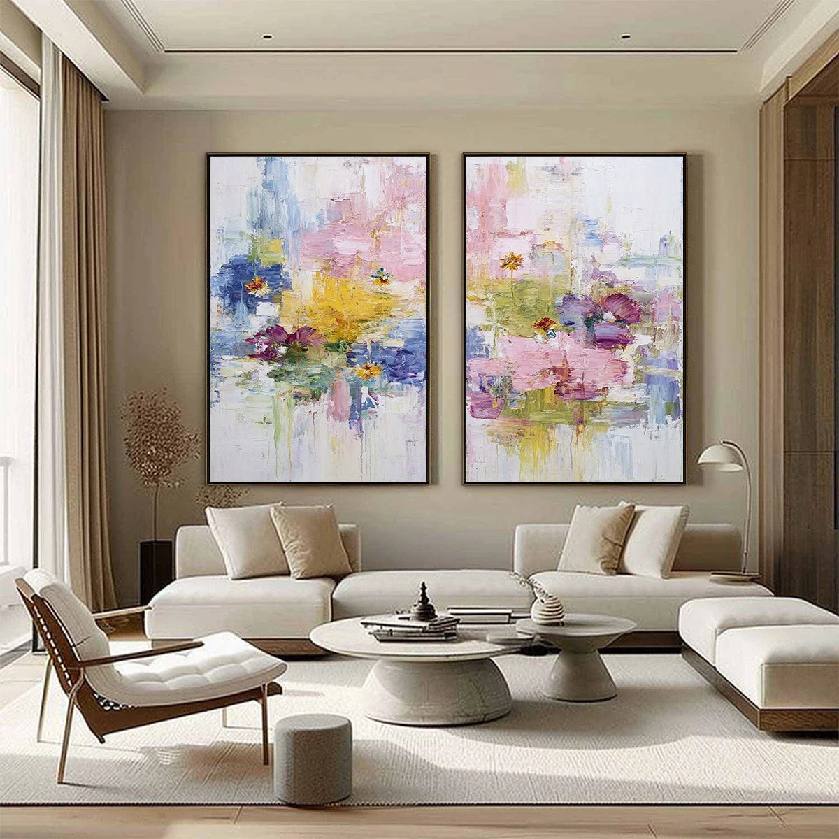 REFLECTIONS IN BLOOM: Colorful Abstract Floral Palette Knife Painting Set | gold frame stretched on neutral wall