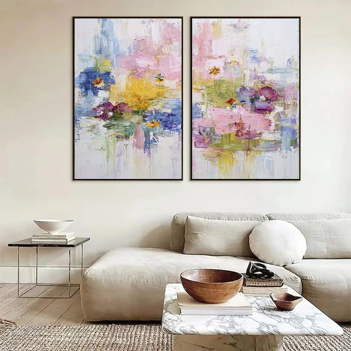 REFLECTIONS IN BLOOM: Colorful Abstract Floral Palette Knife Painting Set | black frame version on white wall