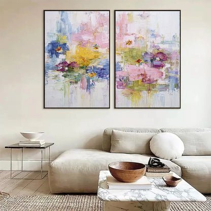 REFLECTIONS IN BLOOM: Colorful Abstract Floral Palette Knife Painting Set | black frame version on white wall