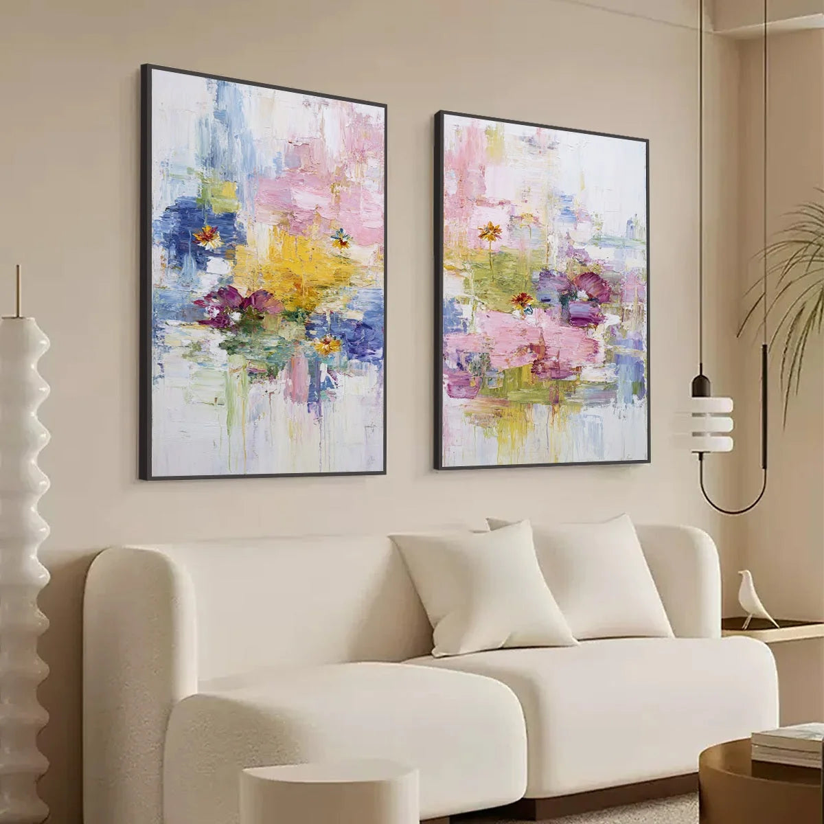 REFLECTIONS IN BLOOM: Colorful Abstract Floral Palette Knife Painting Set | Abstract mood, soft natural light studio shot
