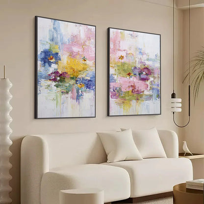 REFLECTIONS IN BLOOM: Colorful Abstract Floral Palette Knife Painting Set | Abstract mood, soft natural light studio shot