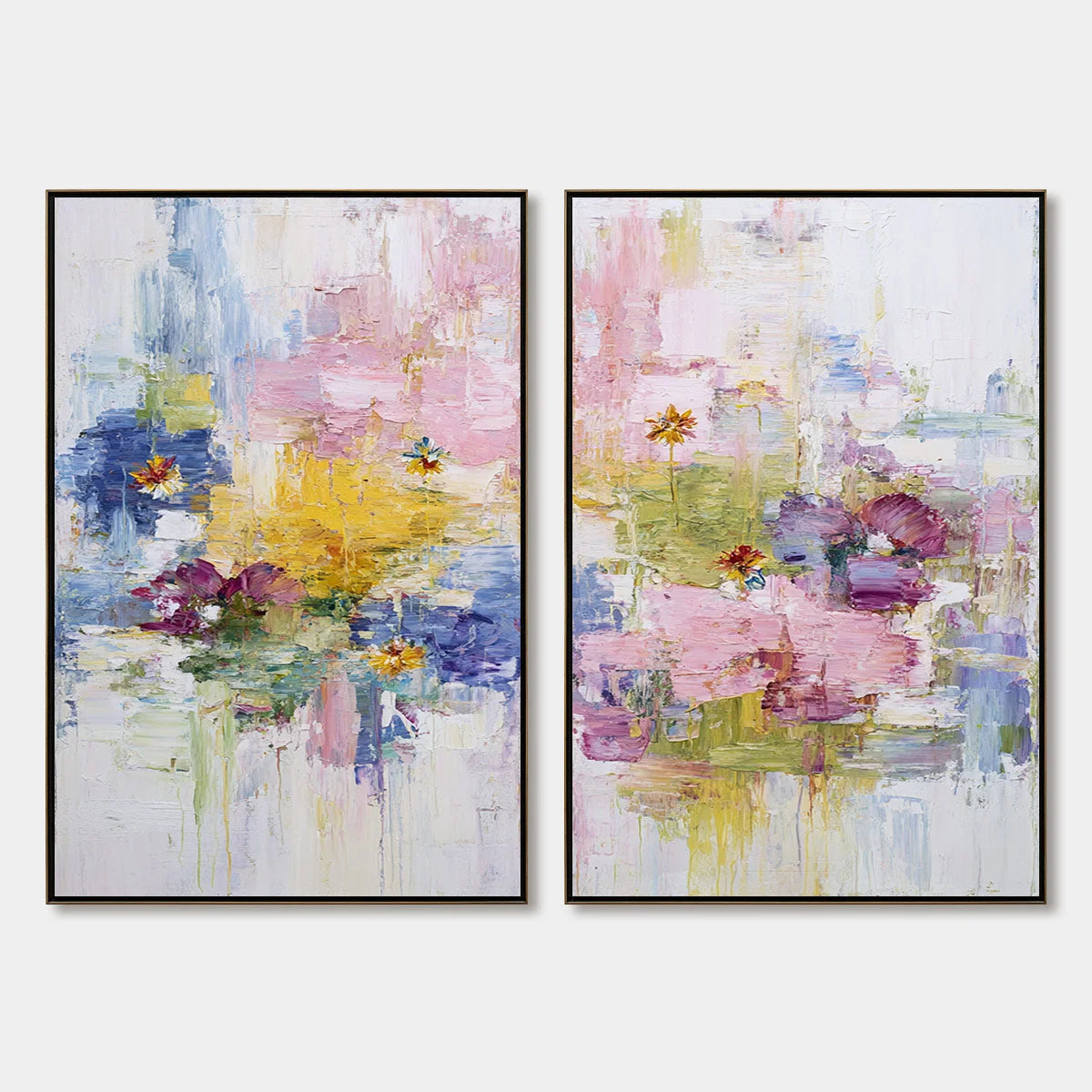 REFLECTIONS IN BLOOM: Colorful Abstract Floral Palette Knife Painting Set | hanging in living room, Abstract wall art
